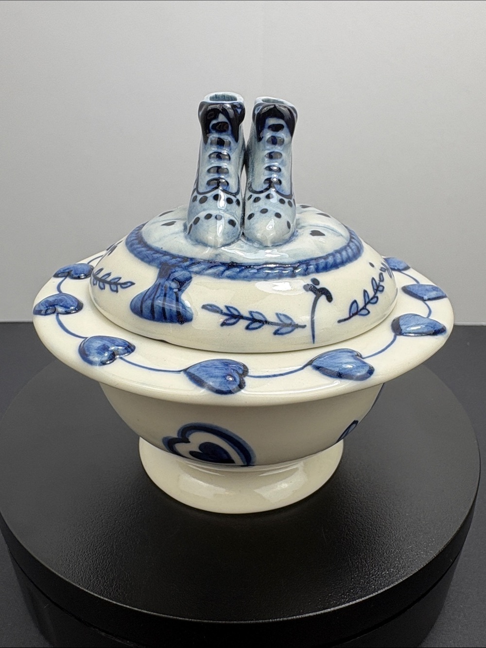 Blue & White Lidded Trinket Box Boots Hearts Vines Signed “Ker”